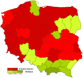 Karte der Wahlergebnisse nach Powiats