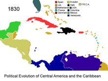 The Federal Republic of Central America (1823-1838) with its capital in Guatemala City. Political Evolution of Central America and the Caribbean 1830 na.png