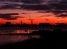 The view of the Port of Poole across Poole Harbour at dusk. Poole , Pool Harbour - geograph.org.uk - 1778941.jpg