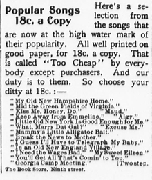 Advertisement for popular sheet music in the New York Sun on March 3, 1899, with "My Old New Hampshire Home" listed first Popular Song Ad New York Sun 03 March 1899.png