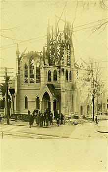 Methodist-Episcopal Church after 1911 fire; it was replaced in 1913 PostcardHudsonMAMethodistEpiscopalChurchAfterFire1911.jpg