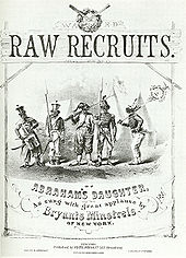 Sheet music cover for "Raw Recruits", a Bryant's song featuring racist stereotypes of black Union soldiers. Raw Recruits cover.jpg