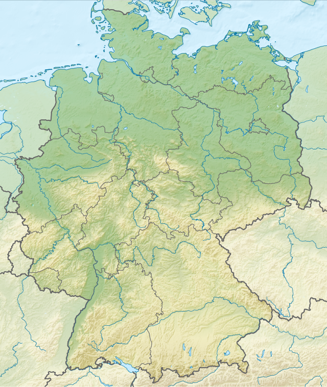 Mapa konturowa Niemiec, na dole nieco na prawo znajduje się punkt z opisem „miejsce bitwy”