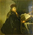 Rembrandt.  "Wissenschaftler sitzt mit Büchern an einem Tisch"