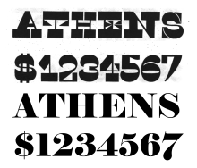 Reverse-contrast "Italian" type in an 1828 specimen book by the George Bruce company of New York. Shown below it is a "fat face" design, a type also popular in early 19th century printing. Both typefaces are very bold, but the fat face's thick lines are the verticals as normal and the Italian's are the horizontals. Reverse contrast.png