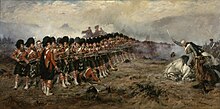 Depiction of The Thin Red Line at the Battle of Balaclava. Highland regiments played a conspicuous role in conflicts throughout the Victorian era. Robert Gibb - The Thin Red Line.jpg