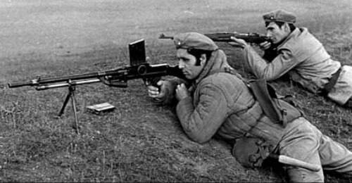 Patriotic Guards training. The soldiers were often equipped with World War II weapons, such as the ZB vz. 30 (center).