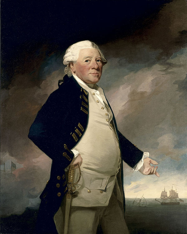 Admiral Sir Hyde Parker by George Romney. Bottom right shows the sunken 'Holland', 64 guns, with HMS 'Latona', '38 guns, standing by the wreck