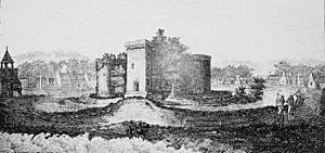 black and white engraving showing old castle and tolbooth