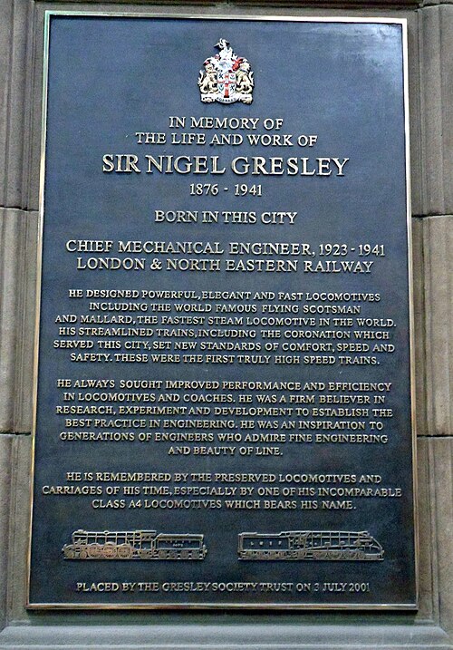 Memorial plaque to Gresley's achievements displayed in the main hall of Edinburgh's Waverley railway station