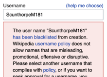 An example of the Scunthorpe problem in Wikipedia because of a regular expression identifying "cunt" in the username Scunthorpe problem (cropped).png