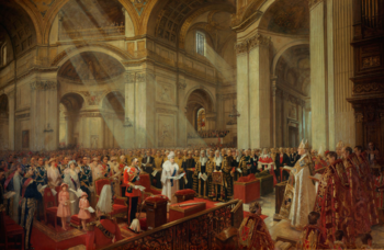 The Heart of The Empire, a painting by Frank O. Salisbury, which depicts the Silver Jubilee Thanksgiving Service inside St Paul's Cathedral on 6 May 1935 Silberner Jubilaumsgottesdienst fur Konig George V.png