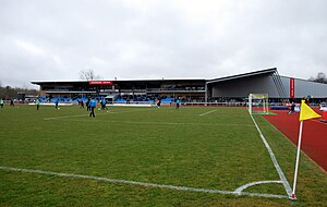 The Spar Nord Arena on April 9, 2012 during the game Skive IK against Blokhus FC.  The athletics hall is to the right of the grandstand.