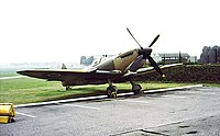 Spitfire gate guardian pictured in 1973, later restored and moved to Florida Spitfire in the Officers' Mess car park at RAF Northolt - geograph.org.uk - 726527.jpg
