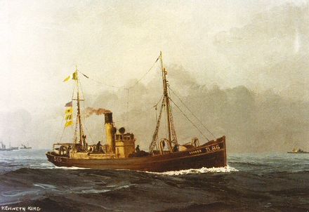 ST Leukos, a neutral fishing trawler that was sunk with all hands. Painting by Kenneth King from the National Maritime Museum