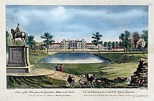 Stowe House, an inspiration for Malplaquet Stowe North front in 1750 by George Bickham.jpg