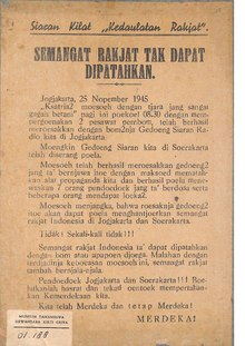 A November 1945 "quick publication" of Kedaulatan Rakyat concerning the early days of national revolution TDKGM 01.188 Siaran Kilat "Kedaulatan Rakyat", 12 November 1945.pdf