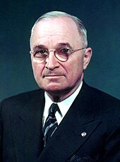 Harry S. Truman, president of the United States (1945-1953), whose Fair Deal was a continuation and expansion of the New Deal TRUMAN 58-766-06 (cropped).jpg