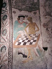 Death playing chess, from Taby Church, fresco by Albertus Pictor Taby kyrka Death playing chess.jpg