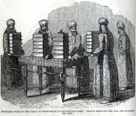 Illustration of the temple priests replacing the showbread each week.