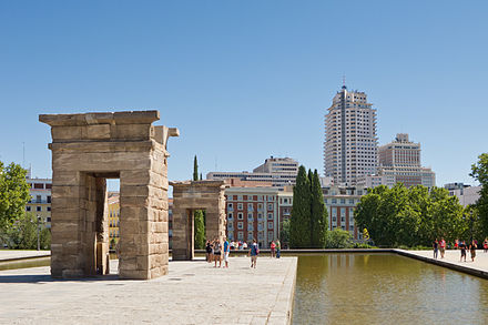 Temple of Debod with Torre de Madrid and Edificio Espana in the background