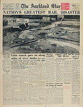 Front page of 26 December 1953 reporting the Tangiwai great railway disaster The Auckland Star 26 December 1953.jpg