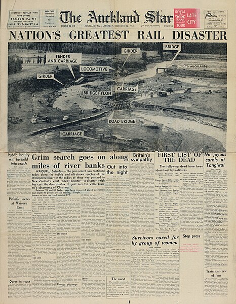 Front page of the Auckland Star newspaper of 26 December