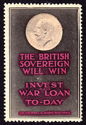 The British Sovereign Will Win / Invest in the War Loan To-Day. A British publicity label from World War One. The British Sovereign Will Win Invest in the War Loan To-Day poster stamp.JPG