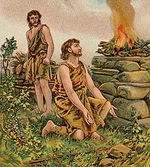 A Bible illustration depicting Cain and Abel offering up their sacrifices The Story of Cain and Abel (Bible Card).jpg