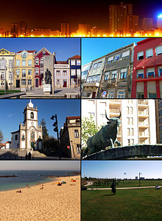 In senso orario dall'alto: Nova Póvoa, Rua Santos Minho, Touro, il parco cittadino, la spiaggia di Lagoa, la chiesa di Senhora das Dores e Praça do Almada.