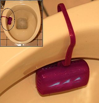 <span class="mw-page-title-main">Toilet rim block</span> Blocks for flush toilet bowls that slowly dissolve in water
