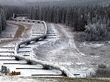 Foto di un tratto della condotta sotto neve, il tubo è posato su rotaie ad esso ortogonali.