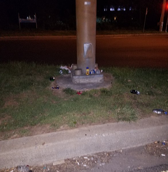 Rubbish on a street corner in Germantown, Maryland, left behind by panhandlers.