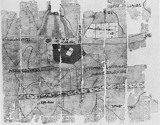 This Egyptian papyrus from 1320 BC, preserved in the Turin Museum, presents the map of an Egyptian gold mine and can be considered the oldest representation of a geological field Turine Papyrus, ca. 1320 v.C..jpg