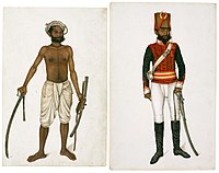 Kala, the Sepoy, with Saber Drawn and in Uniform. Two miniatures from the Fraser Album. Delhi, 1815–1816. The David Collection
