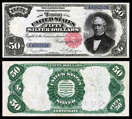 Everett depicted on the Series 1891 $50 silver certificate.