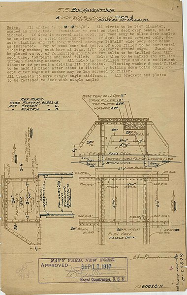 File:USS Buenaventura- 5 Inch gun foundation, Ford. Forecastle Deck Aft of Windlass - NARA - 78116441.jpg