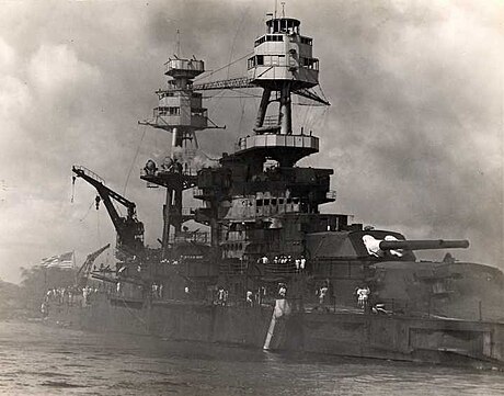 File:USS Nevada -Waipio Point- 2nd grounding location. after battle and fires out 80G32745.jpg