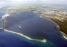 Aerial view of Apra Harbor and old airstrips.