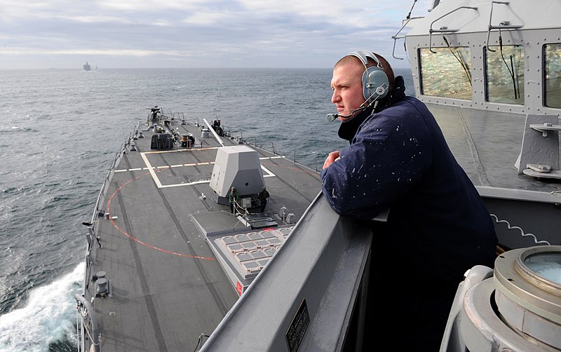 File:US Navy 110521-N-TB177-042 Culinary Specialist 3rd Class Craig M. Browning stands lookout on the ship's bridge wing aboard USS Truxtun (DDG 103) du.jpg