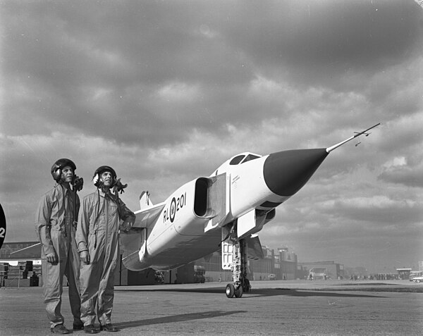 Unveiling of CF-105 on October 4, 1957. Pilots Ron Hodge (left), Ed Wright (right).