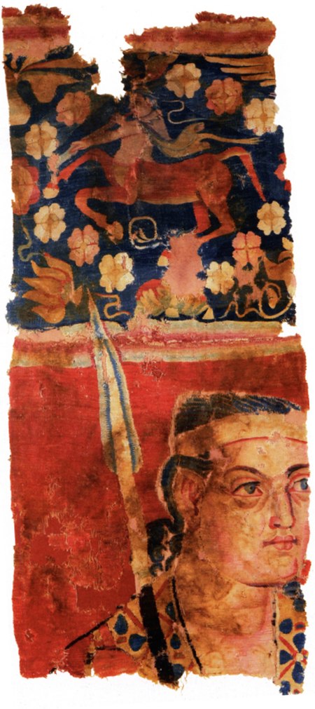 Probable Greek soldier in the Sampul tapestry, woollen wall hanging, 3rd-2nd century BC, Sampul, Urumqi Xinjiang Museum.