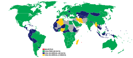 A map showing the visa requirements of Mauritius