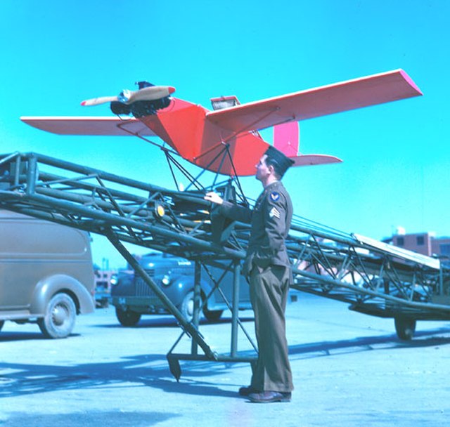 A Radioplane OQ-3 and its launcher, Wright Field, October 1945