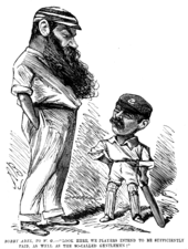 Entr'acte cartoon: Bobby Abel to W. G. Grace: "Look here, we players intend to be sufficiently paid, as well as the so-called gentlemen!" W G Grace and Bobby Abel.png
