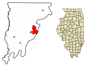 Comté de Wabash Illinois Zones constituées et non constituées en société Mont Carmel Highlighted.svg
