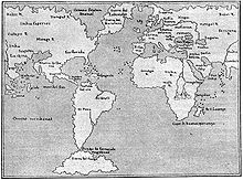 Carte du monde ancienne où les continents sont dessinés en gris clair et les océans occupent des espaces d'un gris plus foncé.