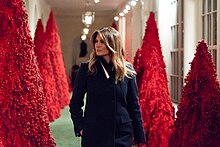 Melania Trump examining the 2018 White House Christmas decorations White House Christmas 2018 (46060476411).jpg