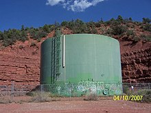 An above ground water tank on the White Mountain Apache Tribe in Arizona, the EPA worked collaboratively with the goal of improving access to safe drinking water on tribal lands. White Mountain Apache Tribe water facility (15054810952).jpg