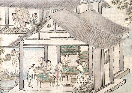 Silkworms and mulberry leaves placed on trays (Liang Kai's Sericulture c. 13th century)